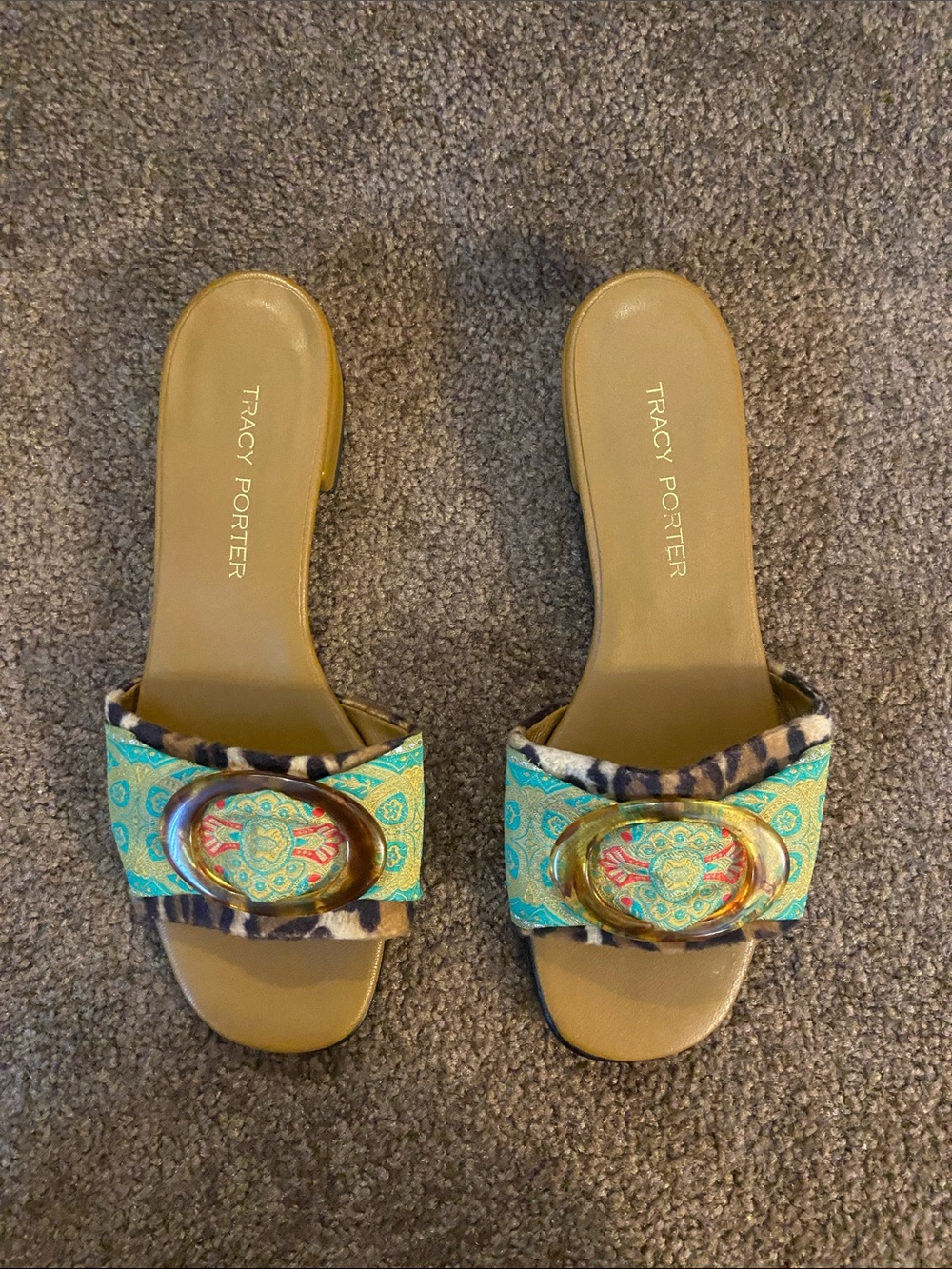 Tracy Porter Turquoise Patterned Slide Mules with Gold Buckle